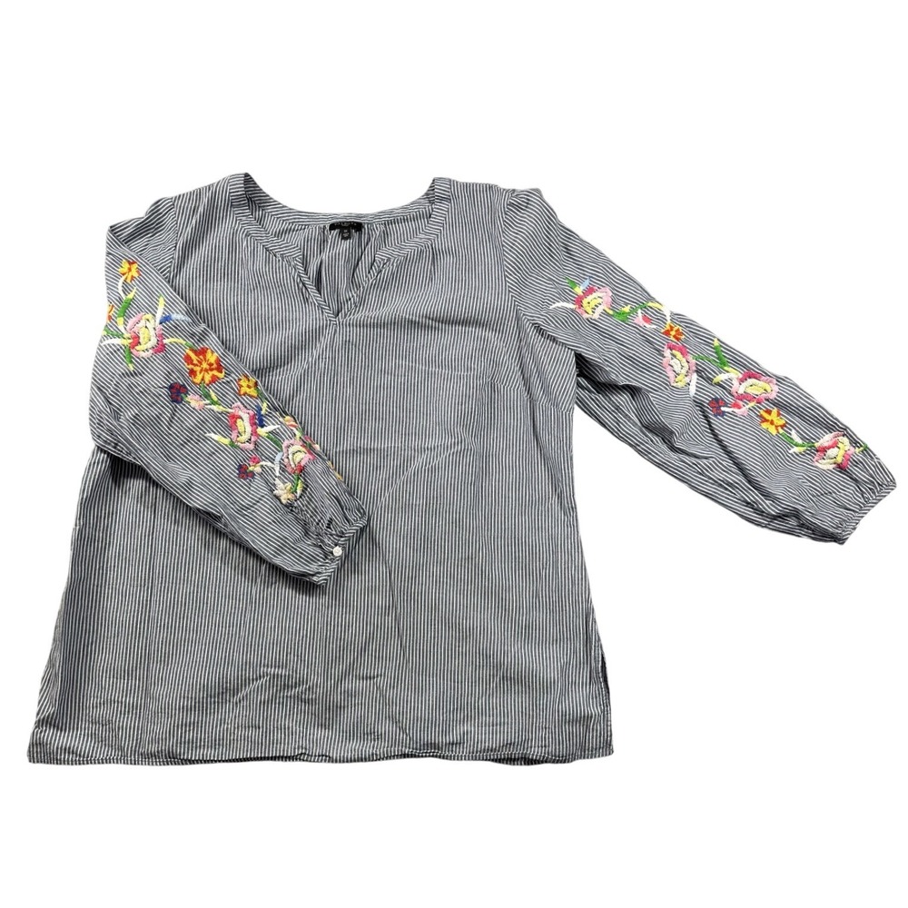 Talbots Woman Striped Floral Embroidered Cotton Blouse Navy White 1X